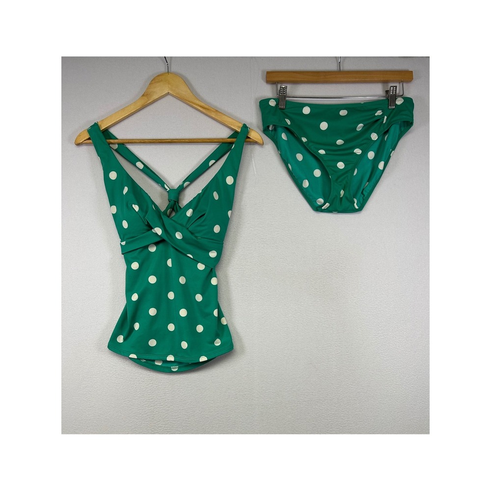 Retro Pinup L.L.Bean Womens Size 10 Green Polka Dot Twist Front Tankini Swim Set